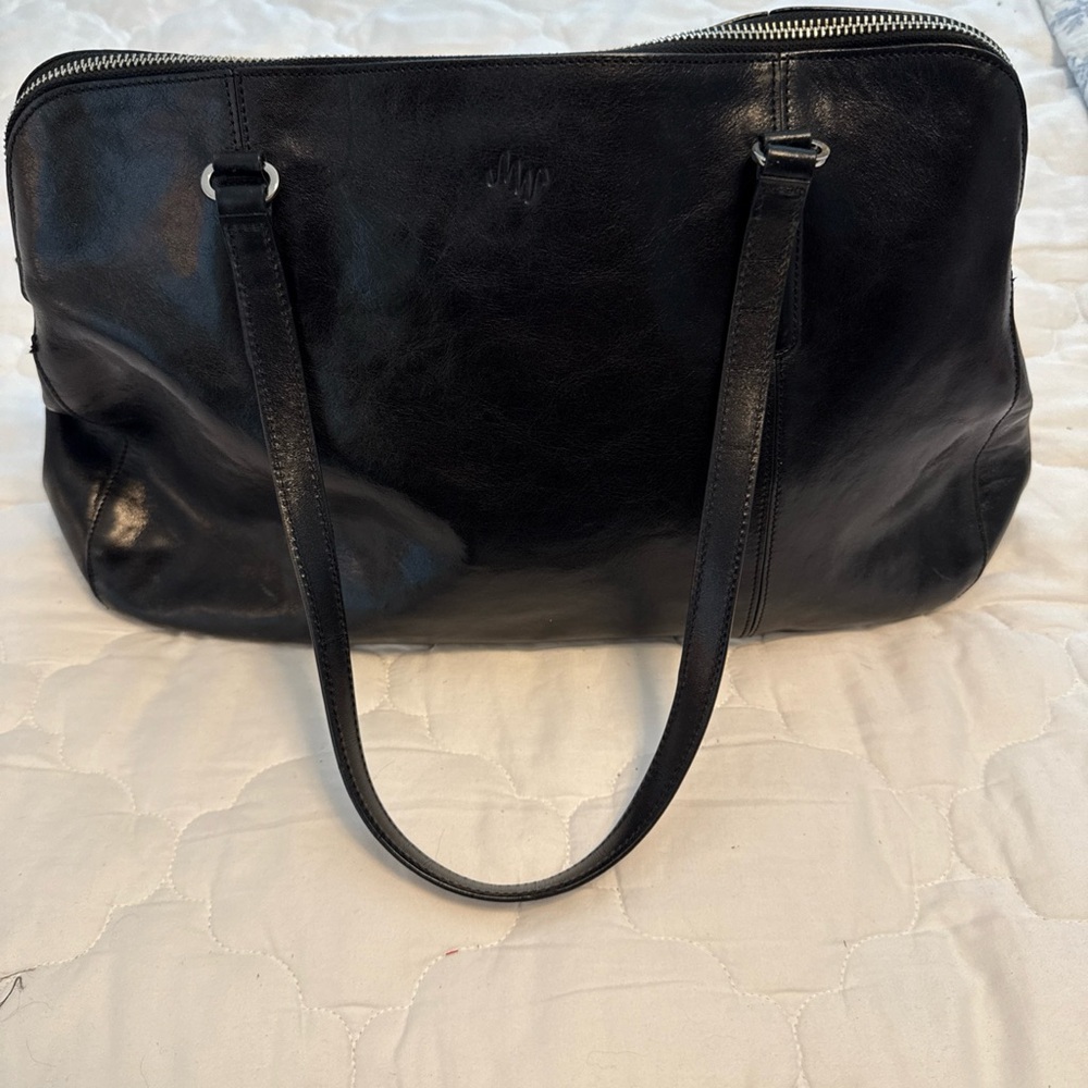Monsac Black Leather Handbag Purse with Double Shoulder Straps & Zip Closure